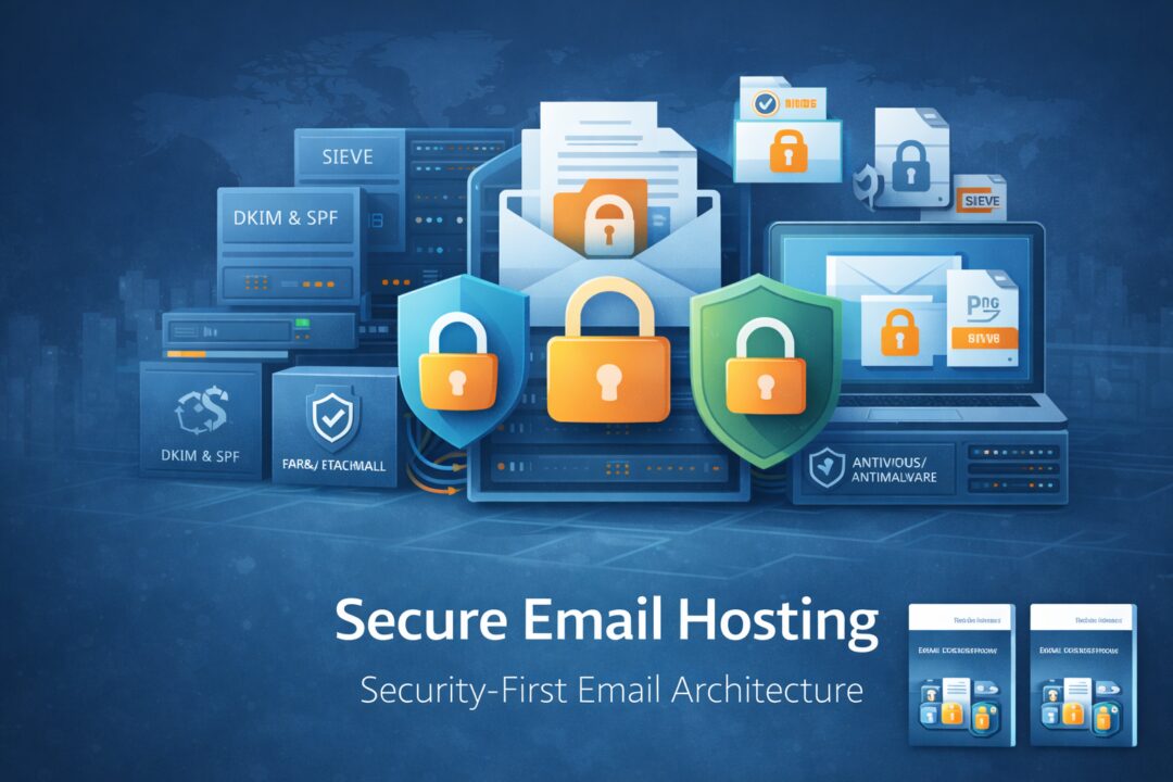 Secure Email Hosting – Security-First Architecture Secure email hosting feature image showing encrypted email, protected attachments, firewall enforcement, and security-first infrastructure.