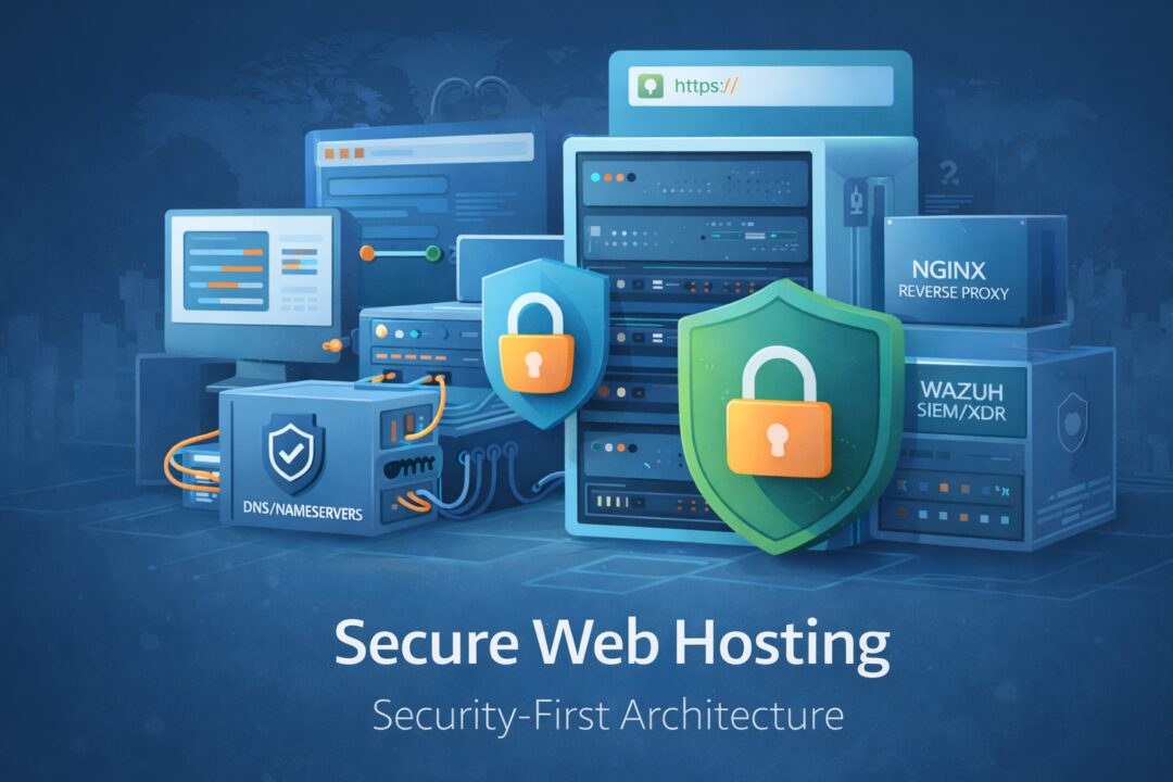 Secure web hosting feature image illustrating security-first architecture with private DNS, firewall protection, reverse proxy, and continuous monitoring.