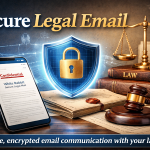 Secure Legal Email feature image showing secure lawyer communication, legal documents, shield lock, smartphone, gavel, and law books