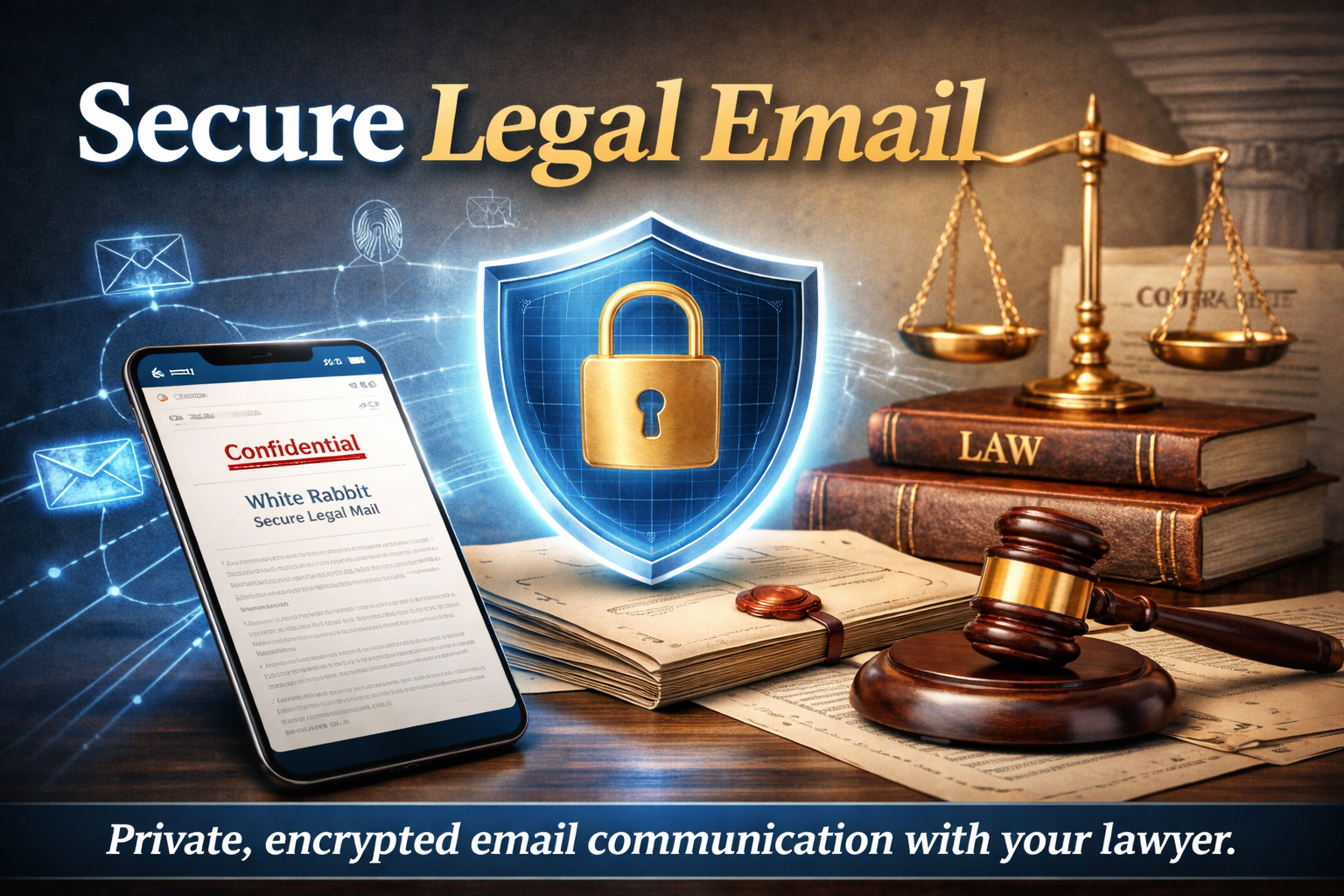 Secure Legal Email feature image showing secure lawyer communication, legal documents, shield lock, smartphone, gavel, and law books